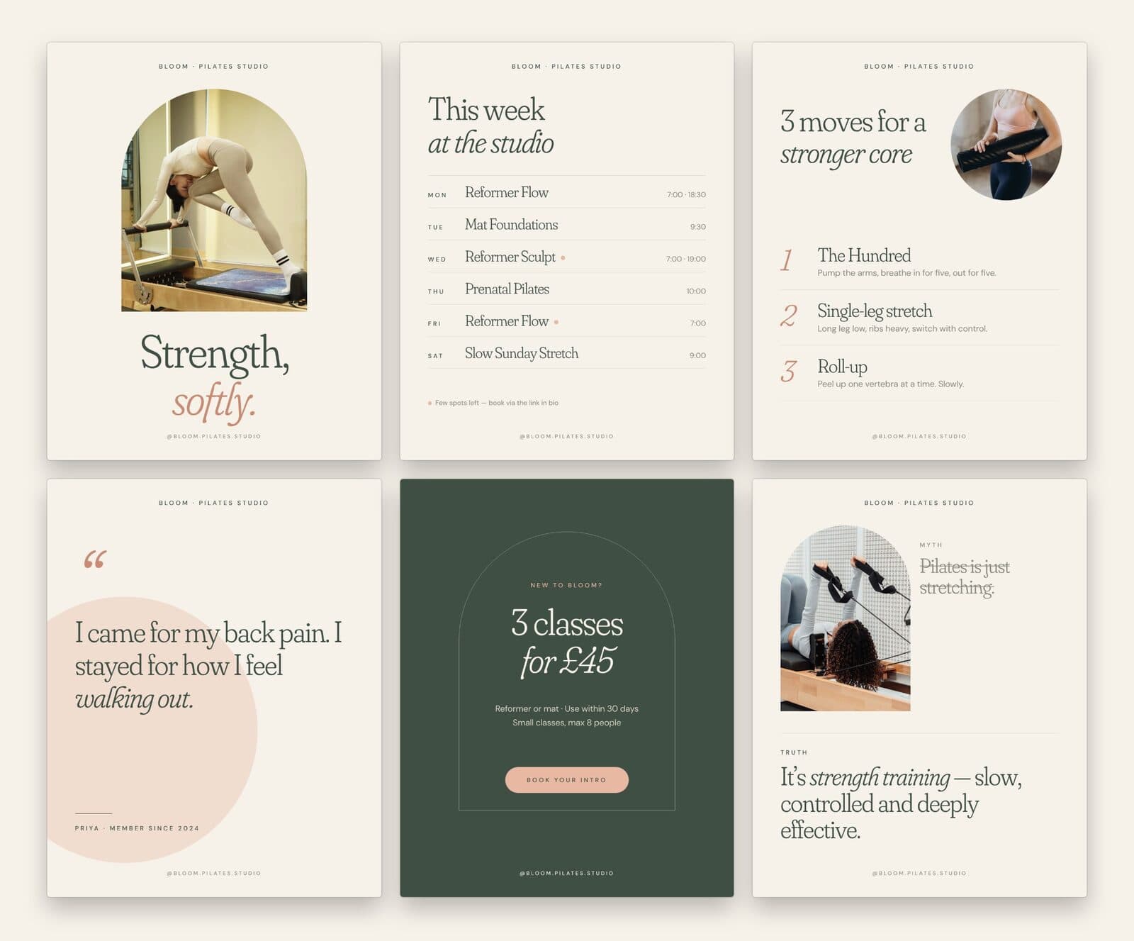 Bloom Pilates Studio: content concept for a pilates studio