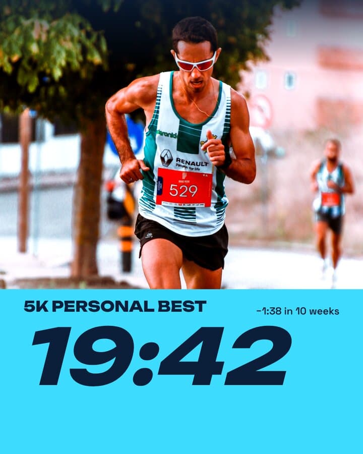 Hybrid coach post concept showing a 19:42 5K personal best